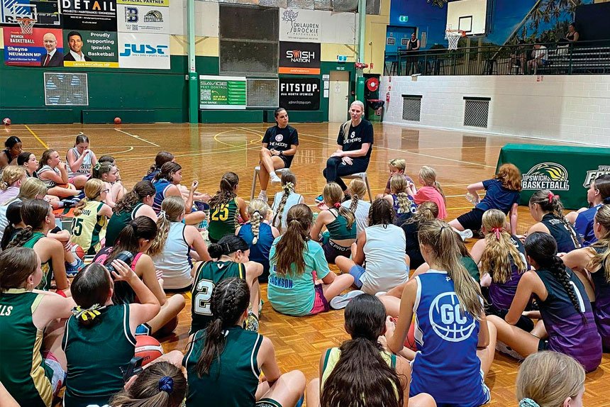 LISTEN AND LEARN: Young Ipswich Basketball girls are all ears as Lauren Jackson imparts her wisdom.