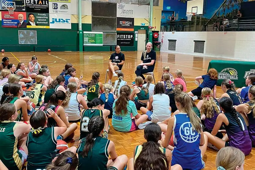 LISTEN AND LEARN: Young Ipswich Basketball girls are all ears as Lauren Jackson imparts her wisdom.