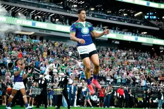 New Zealand Warriors players were brought back to earth by the Canberra Raiders at Allegiant Stadium in Las Vegas. (AAP Image/via NRL Photos)