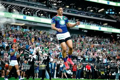 New Zealand Warriors players were brought back to earth by the Canberra Raiders at Allegiant Stadium in Las Vegas. (AAP Image/via NRL Photos)