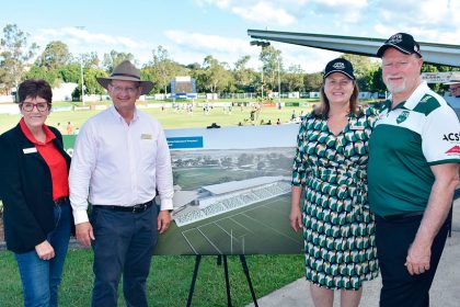 State Member for Ipswich West Wendy Bourne, Federal Member for Blair Shayne Neumann, Mayor Teresa Harding and Ipswich Jets Chairman Steven Johnson unveil plans for the North Ipswich Sport and Entertainment Precinct.
