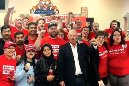 Federal Member for Blair Shayne Neumann celebrates a seventh term with the faithful.