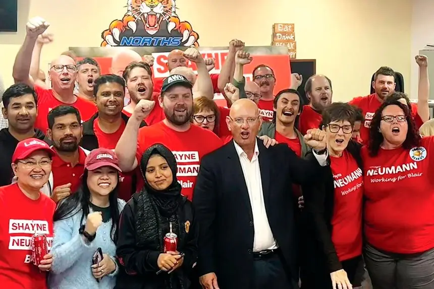 Federal Member for Blair Shayne Neumann celebrates a seventh term with the faithful.