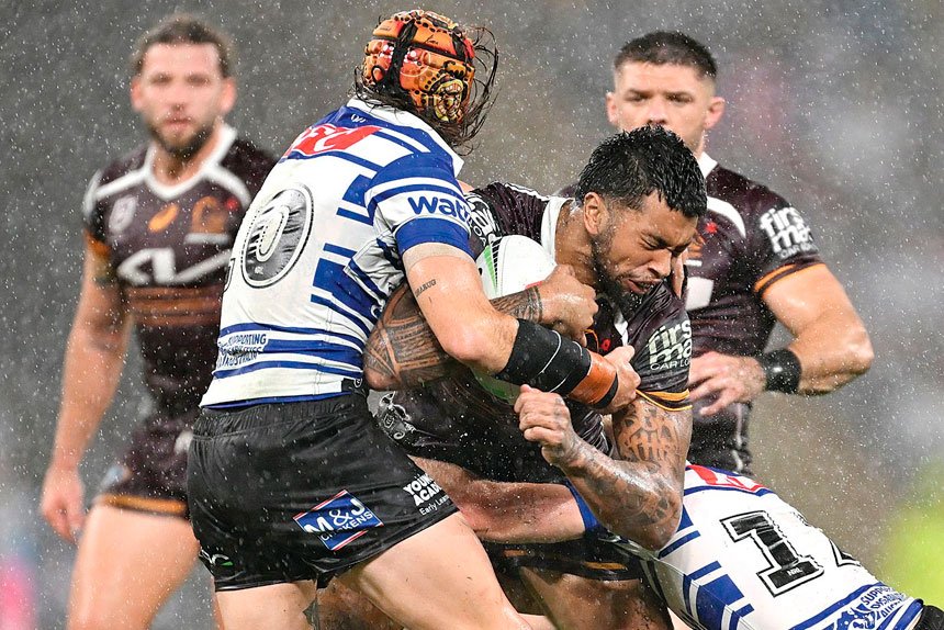 Xavier Willison of the Broncos is tackled during the NRL Round 8 match against the Bulldogs. PHOTO: AAP Image/Dave Hunt