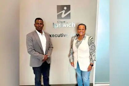 Queensland African Communities Council President Faysel Ahmed Salet with Cr Pye Augustine.