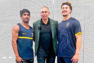 Bremer State High School and Ipswich Regional Sports Academy athletes Corbin Jeffries and Brayden Watcho with Patrick Johnson.