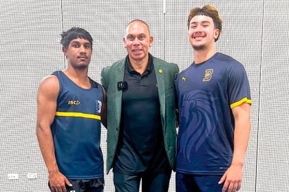 Bremer State High School and Ipswich Regional Sports Academy athletes Corbin Jeffries and Brayden Watcho with Patrick Johnson.