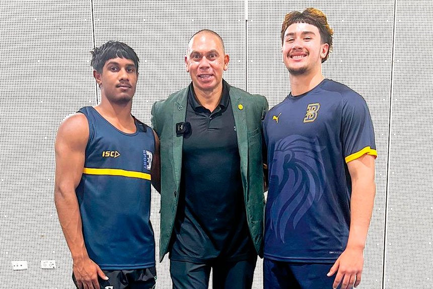 Bremer State High School and Ipswich Regional Sports Academy athletes Corbin Jeffries and Brayden Watcho with Patrick Johnson.