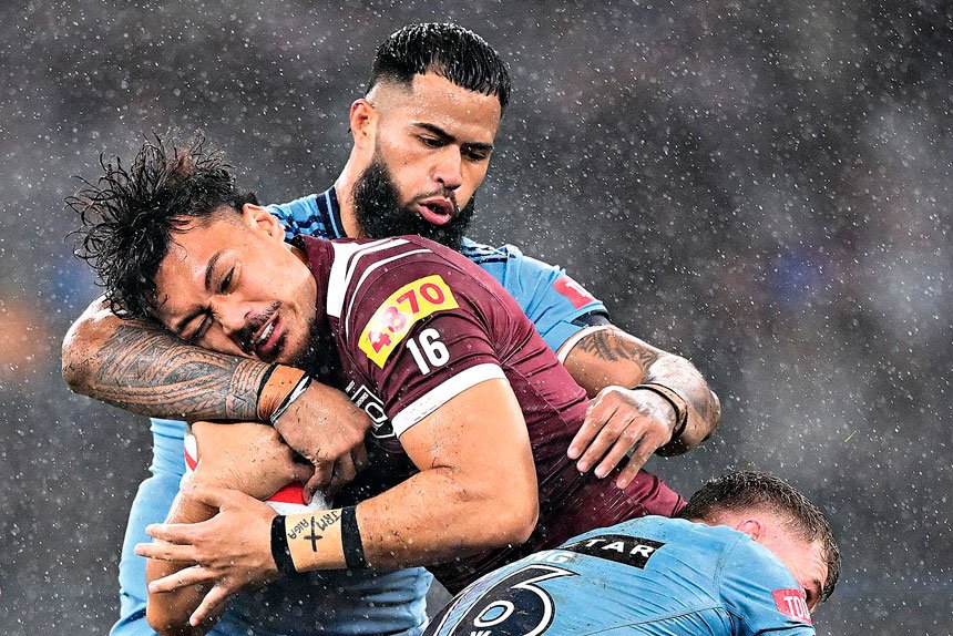 Jeremiah Nanai and Payne Haas collide during State of Origin game two. PHOTO: AAP IMAGE