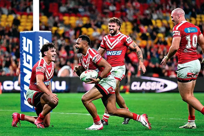 Hamiso Tabuai-Fidow of the Dolphins scores his second of four tries during the NRL Round 17 match between the Dolphins and the Rabbitohs. PHOTO: AAP Image/Dave Hunt