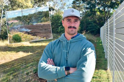 Ebbw Vale resident Campbell Hile in his backyard with the development site behind him. INSET: Smoke is visible from a mound of compost on the former Claypave site at Ebbw Vale.
