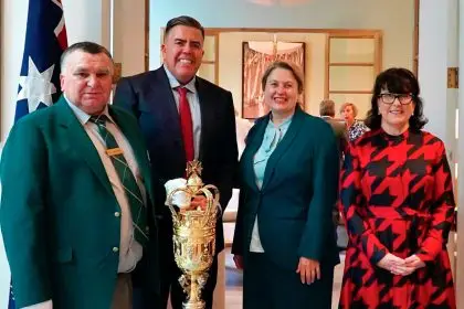 Mayor Teresa Harding and Cr Marnie Doyle in Canberra with the Speaker of the House Milton Dick, second from left, and the ceremonial Mace of the House of Representatives.
