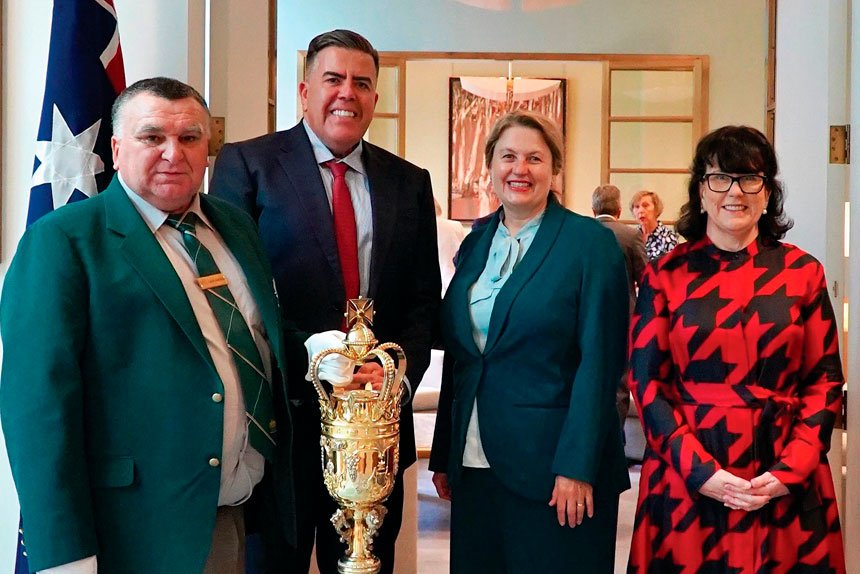 Mayor Teresa Harding and Cr Marnie Doyle in Canberra with the Speaker of the House Milton Dick, second from left, and the ceremonial Mace of the House of Representatives.
