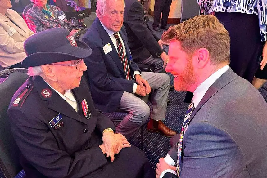 RARE HONOUR: Major Jean Bird meets Daniel Keighran VC at the event to celebrate those who served in World War II.