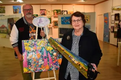 ArtsConnect Ipswich President Glen Smith and Silkstone artist Denise Taylor at the ArtsConnect Community Gallery at Booval Fair.