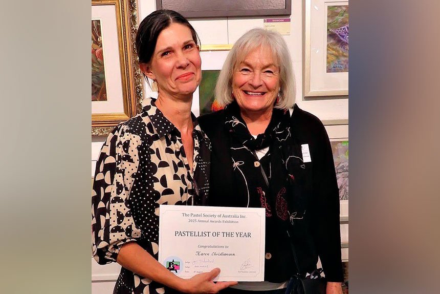 Karen Christiansen with Pastel Society of Australia’s Christine Leaming. PHOTO: Clive Ng
