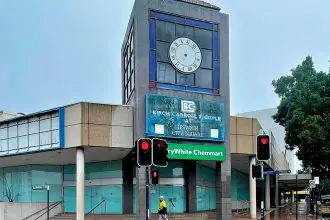 The former clock tower in the old cinema building.