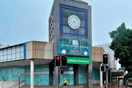 The former clock tower in the old cinema building.