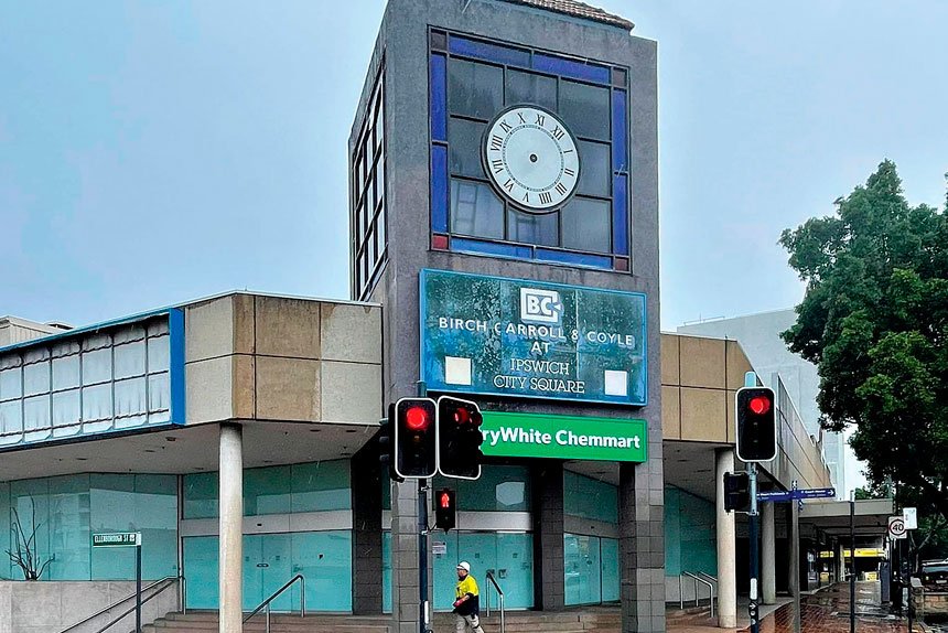 The former clock tower in the old cinema building.