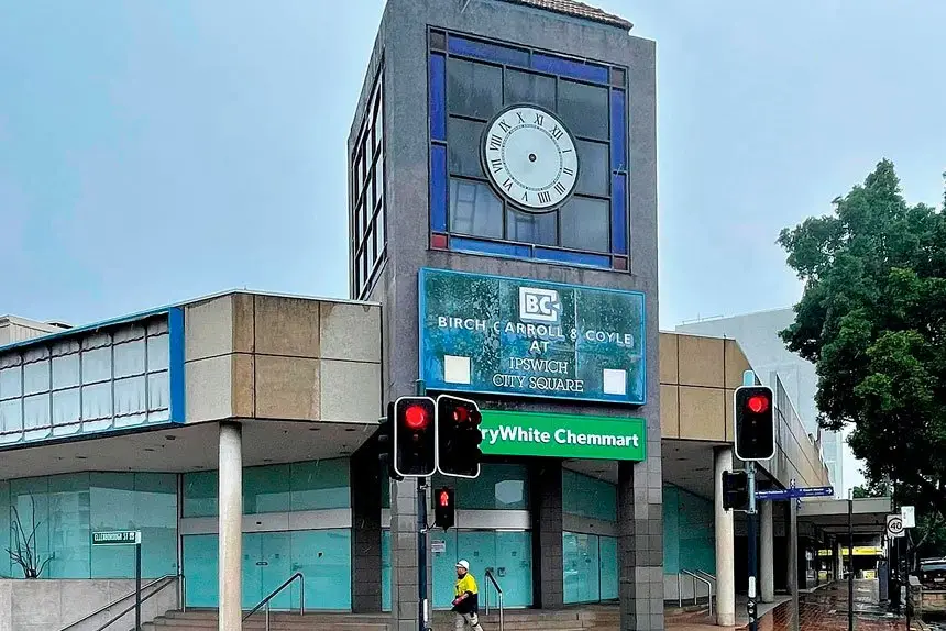 The former clock tower in the old cinema building.