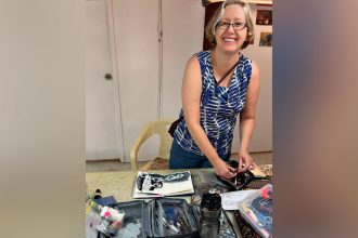 Tanya compiling an artist book.