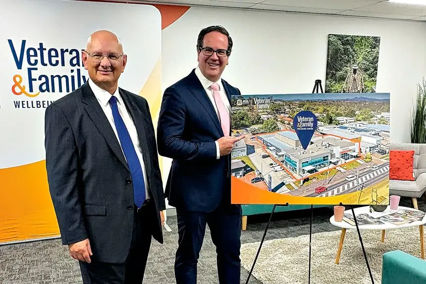 Federal Member for Blair Shayne Neumann and Veterans’ Affairs Minister Matt Keogh unveil plans for the fit-out of the Veterans Hub at the former QT Building at West Ipswich.