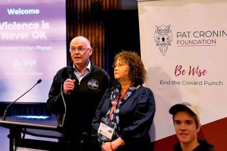Pat Cronin’s parents Matt and Robyn Cronin address students on Pat’s story.