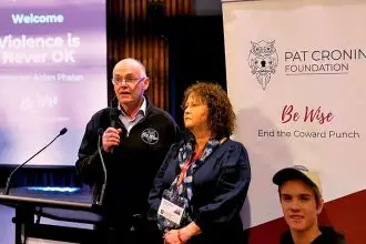Pat Cronin’s parents Matt and Robyn Cronin address students on Pat’s story.