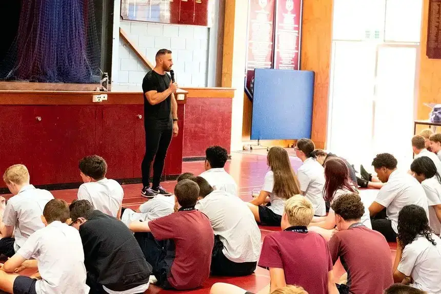 STEPPING UP: Dave Kramer addresses the students.