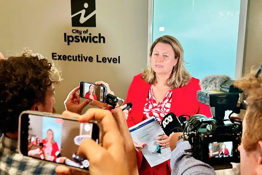 Ipswich Mayor Teresa Harding speaks with media in January alleging she was being “gagged” by her fellow councillors.