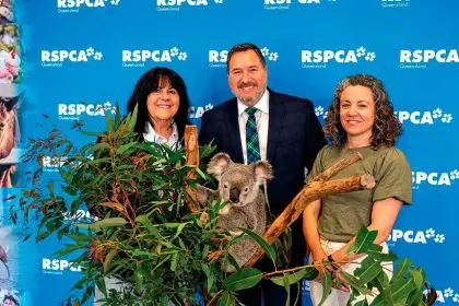 Environment Minister Andrew Powell joins RSPCA Queensland Chair Louise Cox, left, and CEO Emma Whitehead at the RSPCA headquarters at Wacol to sign the grant agreement for the new wildlife hospitals.