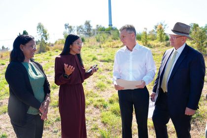 EXCITING PLANS: Federation of Indian Communities Queensland President Preethi Suraj, Springfield City Group Managing Director Raynuha Sinnathamby, Matt Thistlethwaite and Shayne Neumann inspect the site of the House of India project.