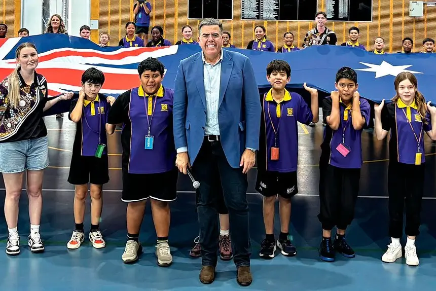 SPECIAL DELIVERY: Federal Member for Oxley Milton Dick presents the Parliament in Schools program at Goodna State School.