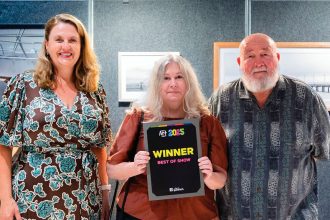 WINNING FEELING: Artist Anne Toovey accepts the Best of Show award from Mayor Teresa Harding and Ipswich Arts Advisory Group member Wayne McDonnell.