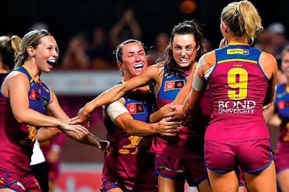ON FIRE: Ruby Svarc’s (centre) four-goal haul put the Lions on the way to the AFLW grand final once more. PHOTO: AAP: Jono Searle