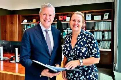 PLEASED WITH REPORT: Health Minister Tim Nicholls with Mayor Teresa Harding.