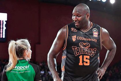 Toni Caldwell retired from elite level refereeing in 2020 – here she’s pictured with former NBL star and big man Nate Jawai (Facebook).