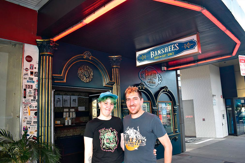 PROUD OWNERS: Banshees Bar & Artspace owners Al Wheeler and Tim Glorious in front of the new-look venue.