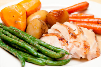 FESTIVE DINING: A classic roast turkey meal served with seasonal vegetables.
