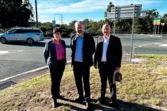 Member for Blair Shayne Neumann, right, at the Mount Crosby Interchange with Member for Ipswich West Wendy Bourne and Senator Anthony Chisholm, says the Government’s environment law reforms will speed up approvals for transport infrastructure projects.