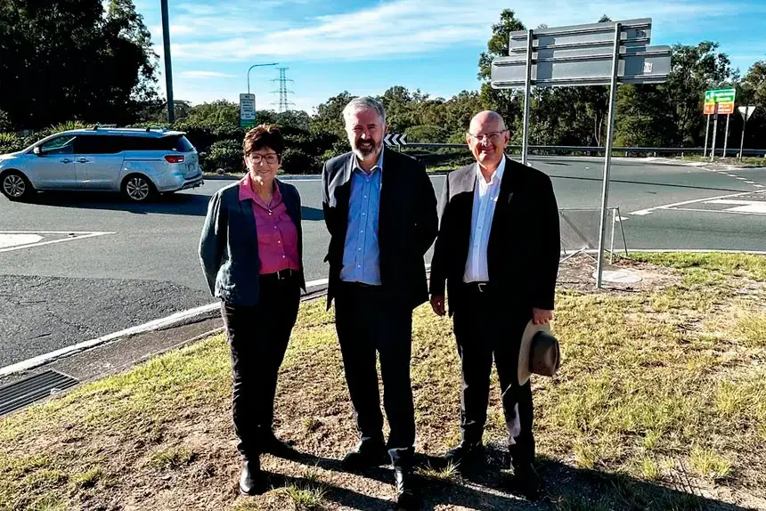 Member for Blair Shayne Neumann, right, at the Mount Crosby Interchange with Member for Ipswich West Wendy Bourne and Senator Anthony Chisholm, says the Government’s environment law reforms will speed up approvals for transport infrastructure projects.