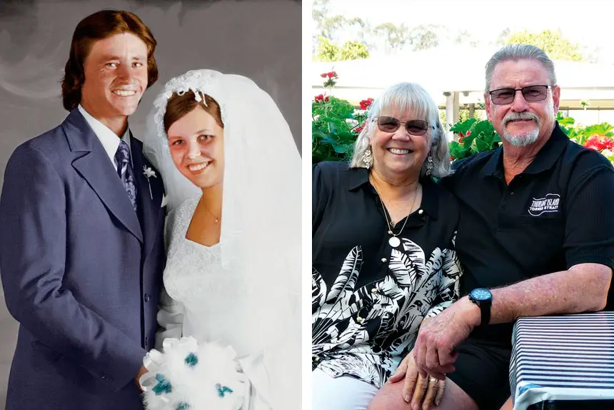 (Left) YOUNG LOVE: The happy couple on their wedding day. (Right) ENDURING LOVE: Fifty years on, their bond has only deepened.