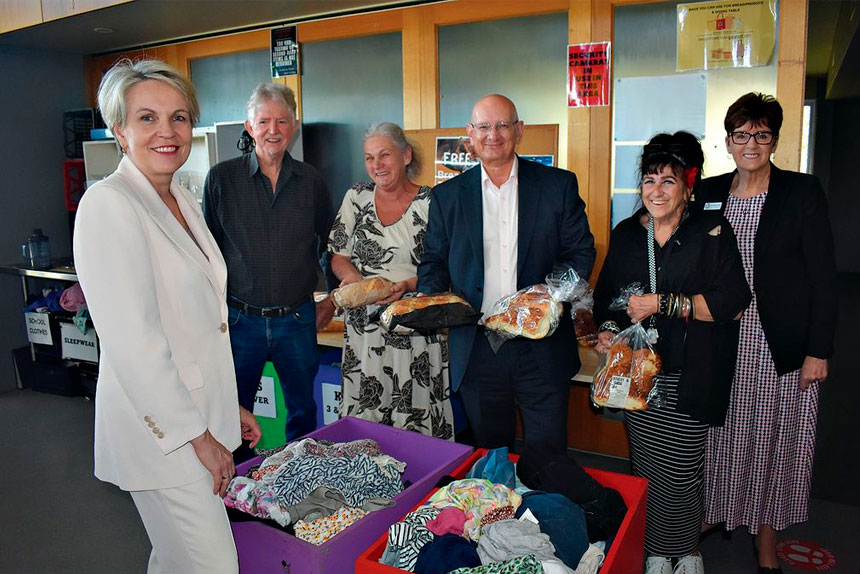 FIRST-HAND VIEWING: Tanya Plibersek visits the Leichhardt-One Mile Community Centre food and clothing centre with (from left) Riverview Neighbourhood House president Gregory Broad and co-ordinator Christine MacDonald, Blair MP Shayne Neumann, Leichhardt centre co-ordinator Kym Tuuta, and Ipswich West MP Wendy Bourne.