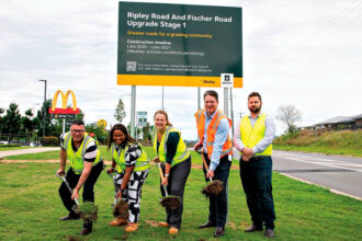 Councillors Andrew Antoniolli and Pye Augustine, Mayor Teresa Harding and Cr Jacob Madsen (right) join Bielby Holdings’ Adam Edwards to turn the first sod.