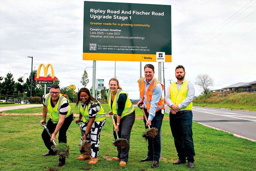 Councillors Andrew Antoniolli and Pye Augustine, Mayor Teresa Harding and Cr Jacob Madsen (right) join Bielby Holdings’ Adam Edwards to turn the first sod.
