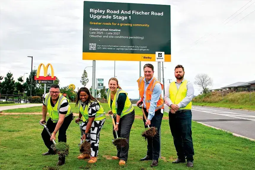 Councillors Andrew Antoniolli and Pye Augustine, Mayor Teresa Harding and Cr Jacob Madsen (right) join Bielby Holdings’ Adam Edwards to turn the first sod.