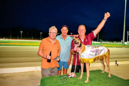 Wolf Creek celebrates another win with trainer Tony Brett and connections. PHOTO: Queensland Greyhound Racing Club facebook via Box 1 Photography
