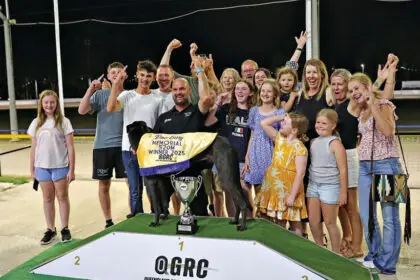 Trainer Ben McCarthy with connections after Satoshi’s victory in last year’s edition of the Vince Curry Memorial Maiden. Photo: Just Greyhound Photos