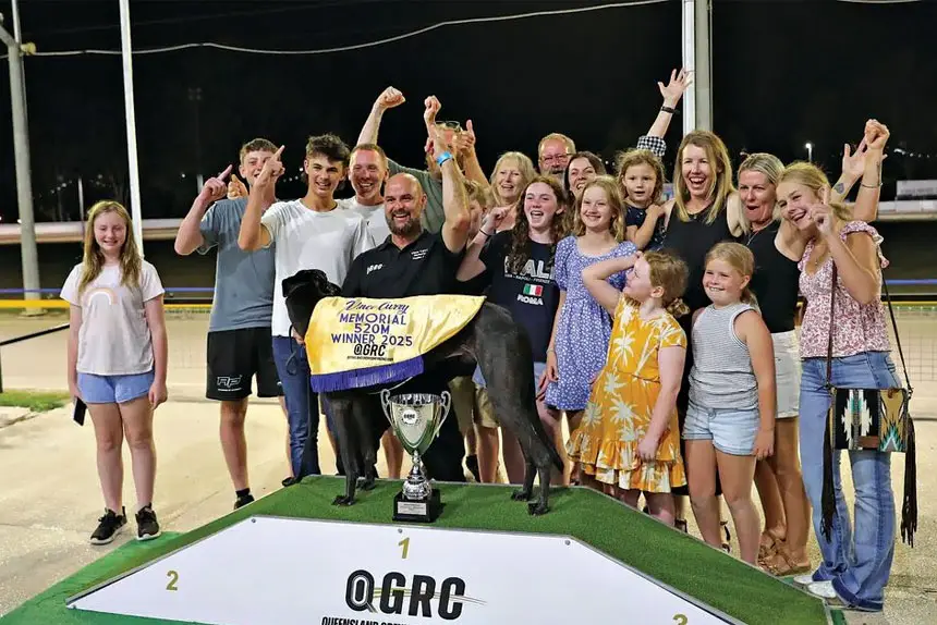 Trainer Ben McCarthy with connections after Satoshi’s victory in last year’s edition of the Vince Curry Memorial Maiden. Photo: Just Greyhound Photos