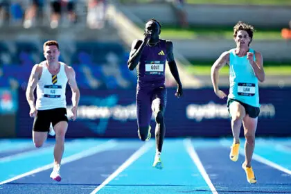 Gout Gout on his way to winning the men’s 200m final on Day 4 of at the Australian Athletics Championships in Sydney on Sunday. PHOTO: AAP Image/Dean Lewins